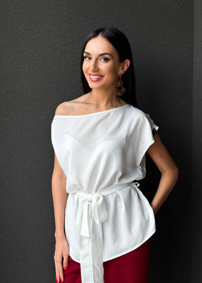 Elara Tie - Waist Blouse in White - ALLURE