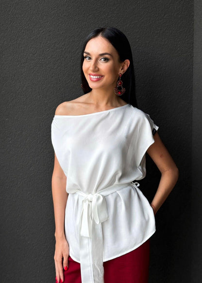 Elara Tie - Waist Blouse in White - ALLURE
