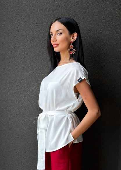 Elara Tie - Waist Blouse in White - ALLURE