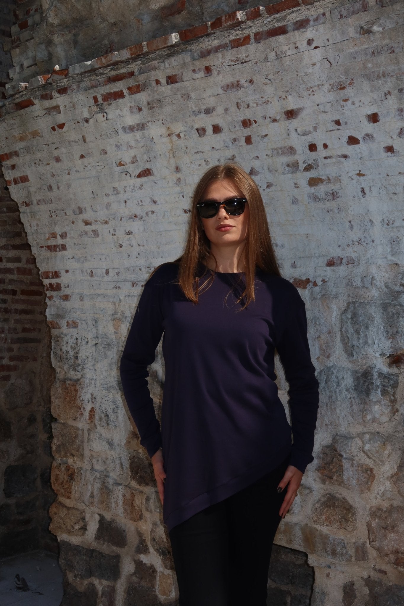 Lea Asymmetric Cotton Top – Navy Blue & Green Everyday Elegance - ALLURE