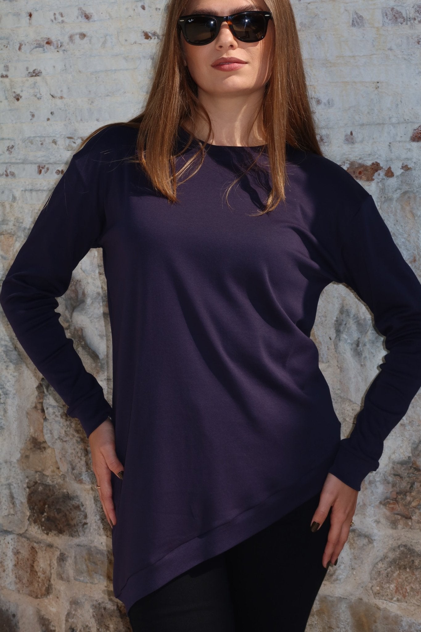 Lea Asymmetric Cotton Top – Navy Blue & Green Everyday Elegance - ALLURE