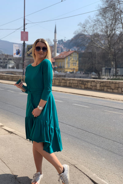 Ruffle Midi "VOLAN" Dress with V neckline