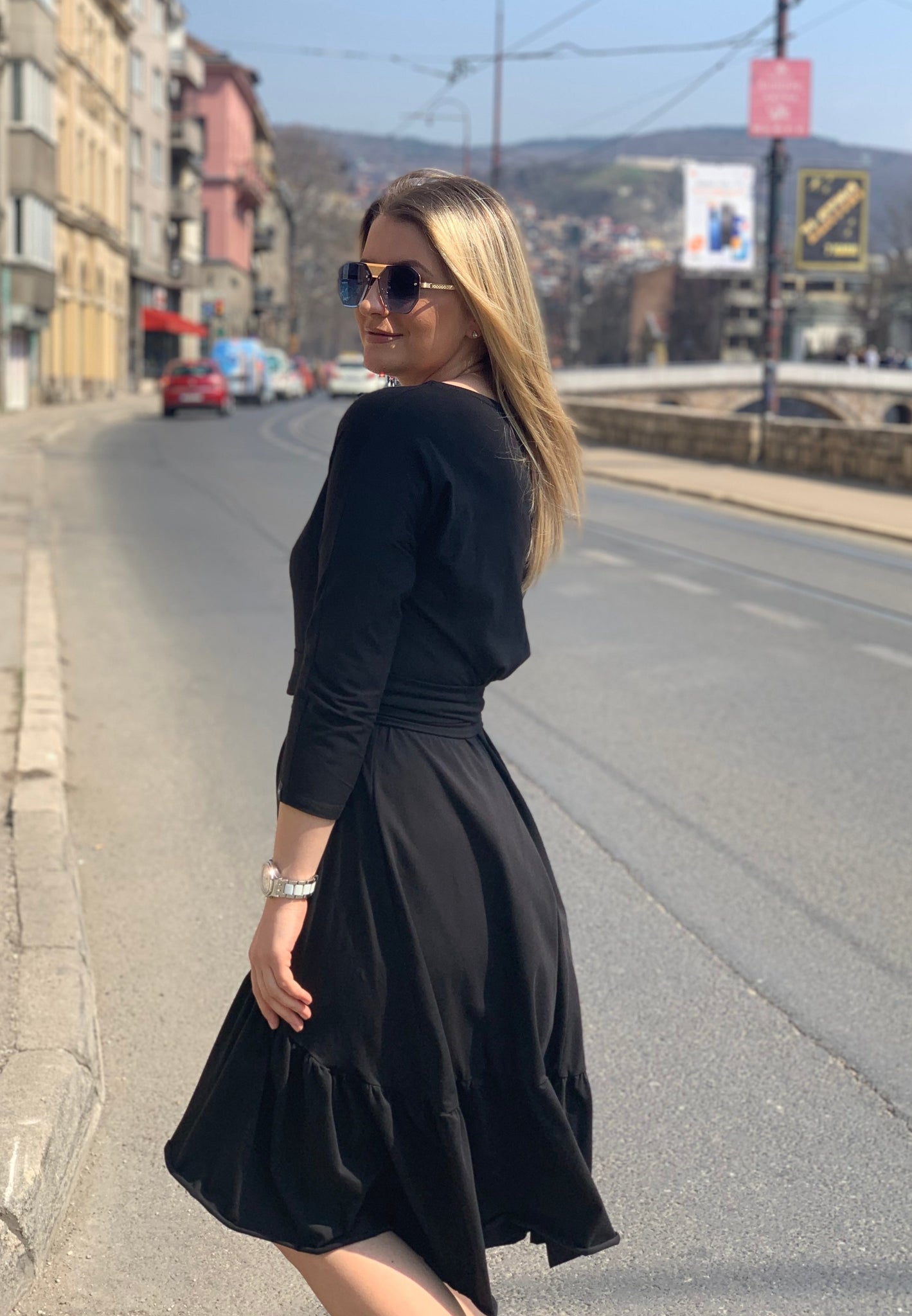 Ruffle Midi "VOLAN" Dress with V neckline