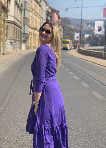 Midi haljina Volan s V - izrezom i volanima – crna, ljubičasta, zelena - ALLURE
