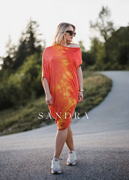 Haljina Sandra narančasto-žuta tie-dye, jedno rame, opušteni oversize kroj, ljetna ženska haljina