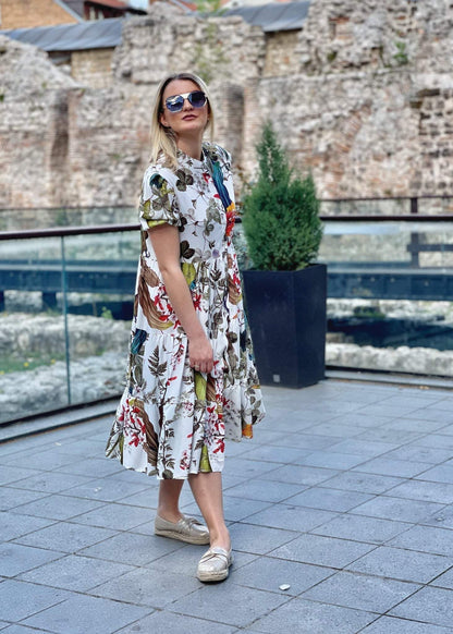 Tropical Leaf Print Buttoned Midi Dress - ALLURE
