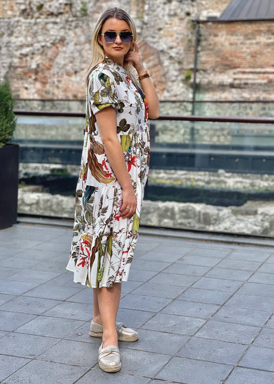 Tropical Leaf Print Buttoned Midi Dress - ALLURE